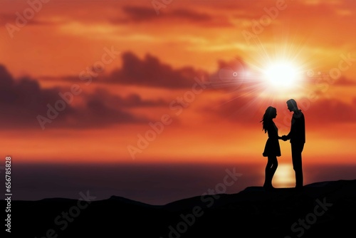 Silhouette of couple lovers standing hand in hand at sunset