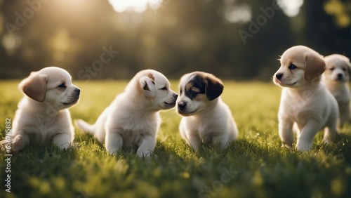 cute puppies sitting on green grass