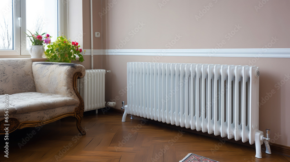Generative AI, steel panel vertical heating radiator in the interior, apartment, heating system in house, industrial design, heater, technology, energy, heat, battery, convection, pipe, warmth Generative AI, steel panel vertical heating radiator in the interior, apartment, heating system in house, industrial design, heater, technology, energy, heat, battery, convection, pipe, warmth