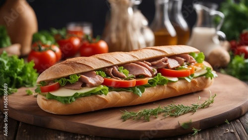 Delicious sandwich with meat and vegetables, blurry background