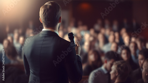 Back view of Man in business suit giving a speech on the stage in front of the audience. photo