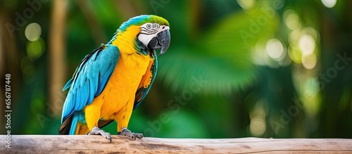 Colorful tropical bird perched on wood Nature theme Vertical layout Copy space Bali Indonesia photo