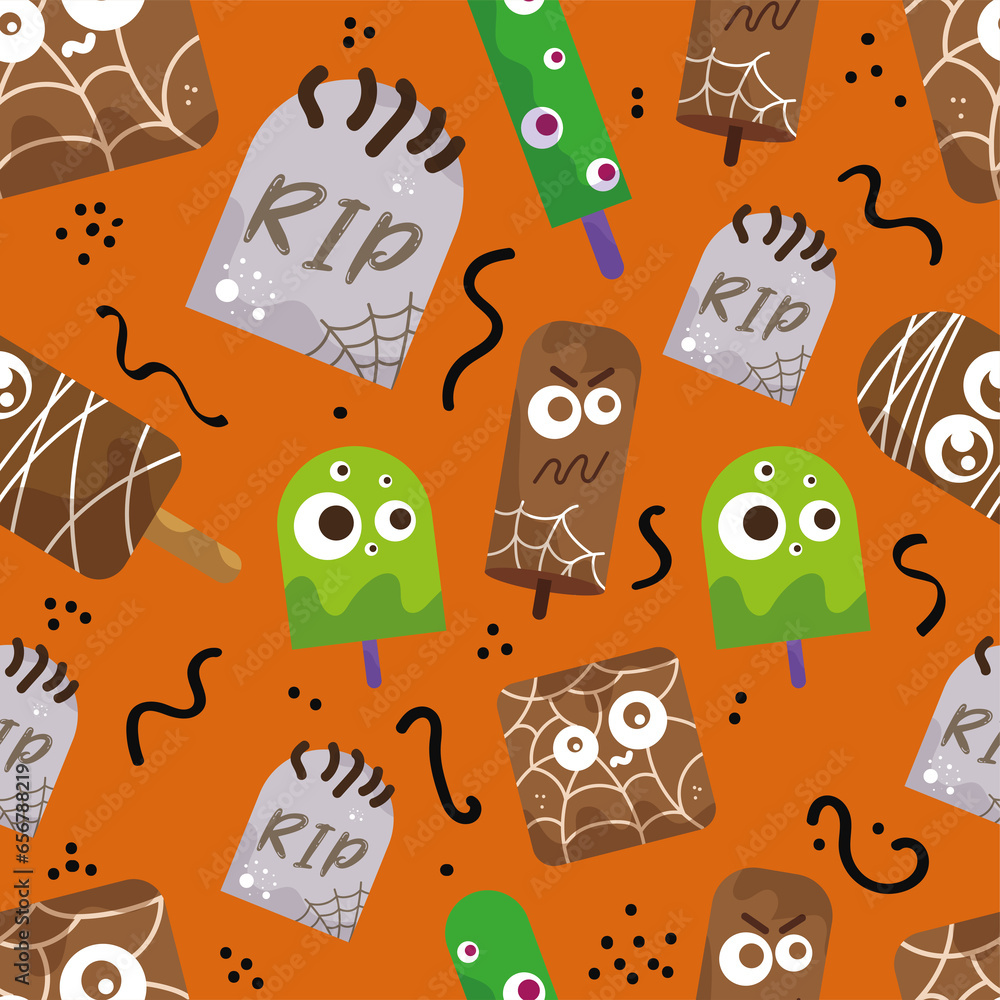 CUTE PATTERN CANDY HALLOWEEN VECTOR ILLUSTRATIONS TOMB, POPSICLE, BROWNIE. ISOLATED ON ORANGE. WRAPPING, TEXTILE, WALLPAPER, CLOTHING CUTE PATTERN CANDY HALLOWEEN VECTOR ILLUSTRATIONS TOMB, POPSICLE, BROWNIE. ISOLATED ON ORANGE. WRAPPING, TEXTILE, WALLPAPER, CLOTHING