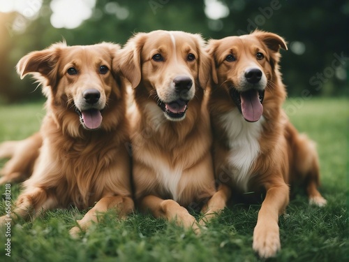 lovely and happy dogs sitting on the grass together