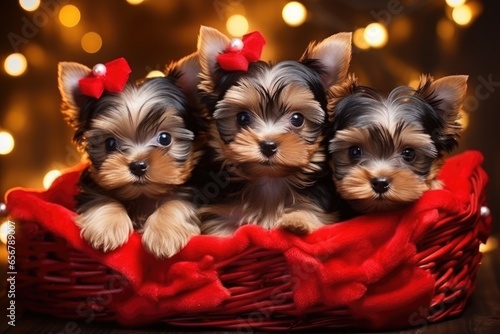 three Yorkshire terrier puppies lie in a wicker basket against a background of Christmas lights