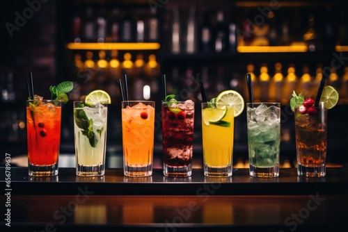 beautiful line of colorful alcoholic cocktails in a nightclub bar photo