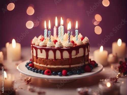 Birthday cake with candles and  decoration  blurry background