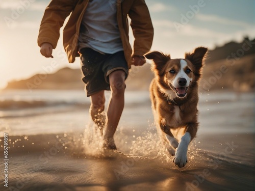 person and dog running together at seaside 