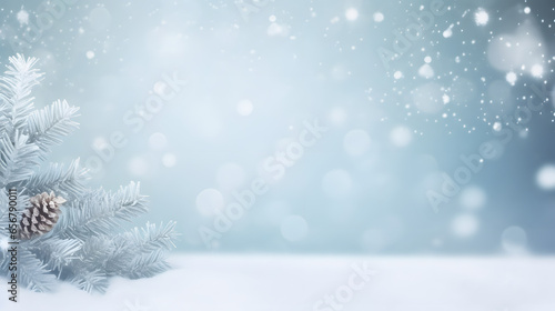 Beautiful winter background image of frosted spruce branches and small drifts of pure snow with bokeh Christmas lights and space for text. © Prasanth