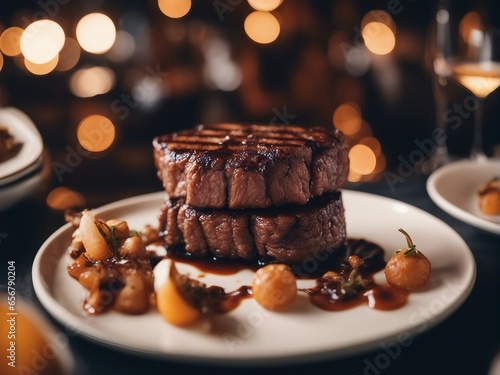 grilled steak with vegetables in plate at luxury restaurant