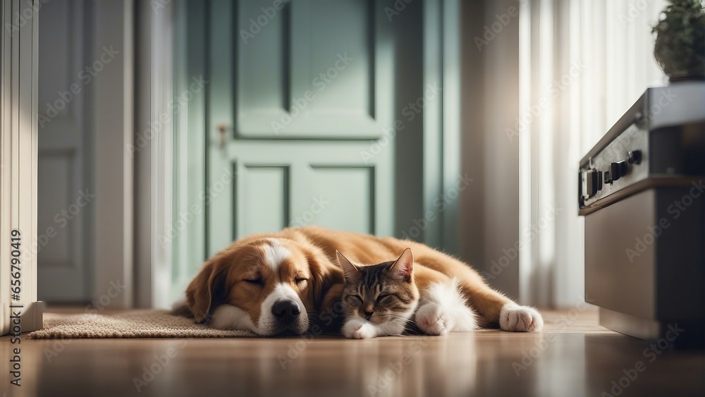 cat and dog sleep together in friendship - obrazy, fototapety, plakaty 
