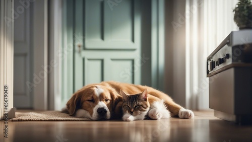 cat and dog sleep together in friendship