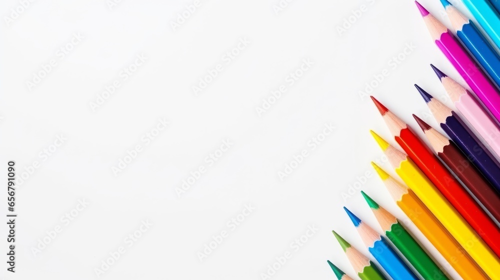 A set of colored pencils on a plain empty white background. Generative AI. A set of colored pencils on a plain empty white background. Generative AI.