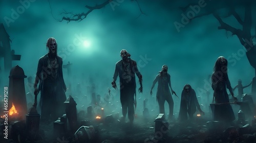 恐ろしいモンスターのシルエットと不気味な墓石、 不気味な夜にゾンビが墓から這い上がる｜Creepy gravestone with scary monster silhouette.Zombies rise from their graves on a spooky night. Generative AI