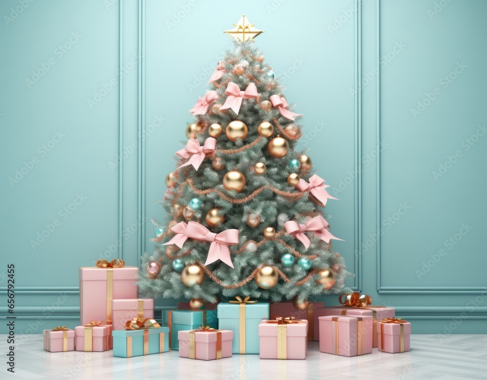 Christmas interior. Christmas tree with gifts