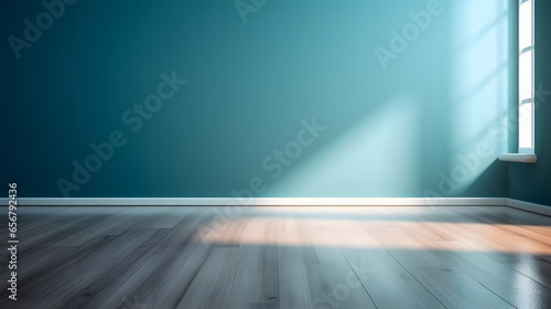 Blue turquoise empty wall and wooden floor with interesting with glare from the window. Interior background for the presentation. © Prasanth