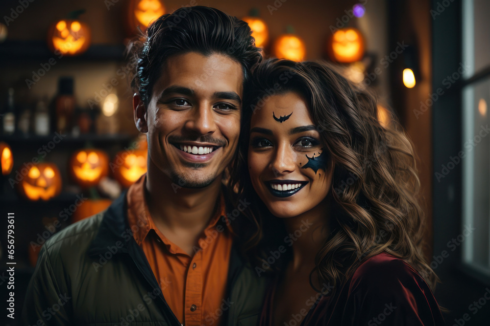 portrait of a happy couple smiling with make-up and Halloween costume, concept Religion and Culture, generative ai