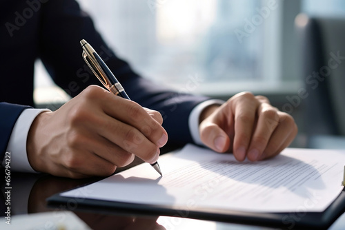 Close-up Of Businessperson Signing Contract, man writing paper at the desk with pen and reading books at table with basic business Form document working in office 