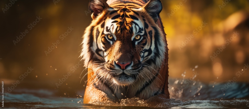 Beautiful background with a royal Bengal tiger posing in its natural habitat a wildlife scene with a dangerous and amazing beast in hot weather of wild India Panthera tigris tigris
