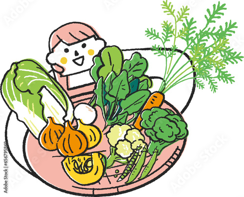 ÁßãÂÜ¨Êíí„ÅçÈáéËèú„ÄÄÁßãÂÜ¨ÈáéËèú„ÇíÊ≤¢Â±±Êä±„Åà„Å¶„Åì„Å°„Çâ„ÇíË¶ã‰∏ä„Åí„Çã„Ç®„Éó„É≠„É≥Âßø„ÅÆÂ•≥ÊÄß„Åæ„Åü„ÅØ‰∏ªÂ©¶„ÄÄ„Ç§„É©„Çπ„ÉàÁ¥†Êùê