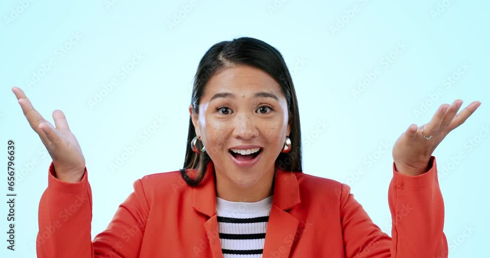 Mind blown, face and a woman with a crazy reaction for a wow