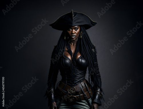 Black woman pirate. African american lady wearing pirate costume
