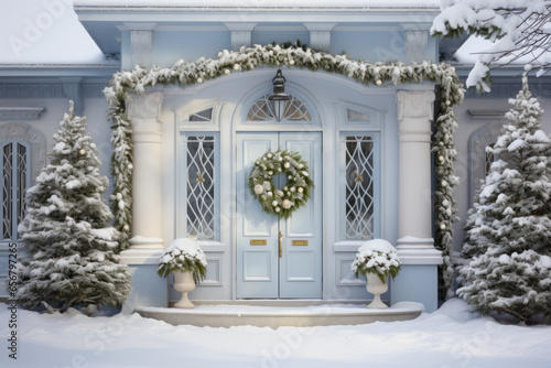 Christmas porch decoration, front door with festive wreath and garland