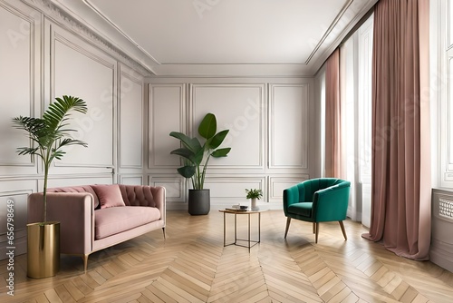Minimalist and luxury pastel pink house interior with green velvet chair, plant and mirror design. Modern living room