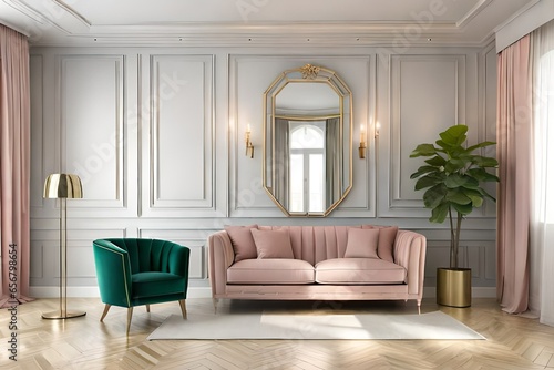 Minimalist and luxury pastel pink house interior with green velvet chair  plant and mirror design. 3d rendering