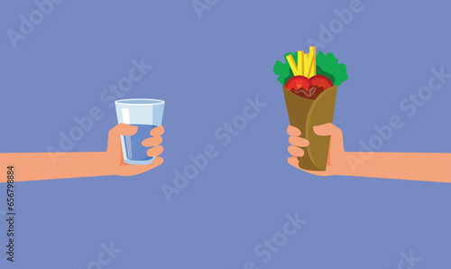 People Holding a Snack and a Glass of Water Vector Cartoon illustration. Drawing illustration the dilemma of being thirsty or hungry
