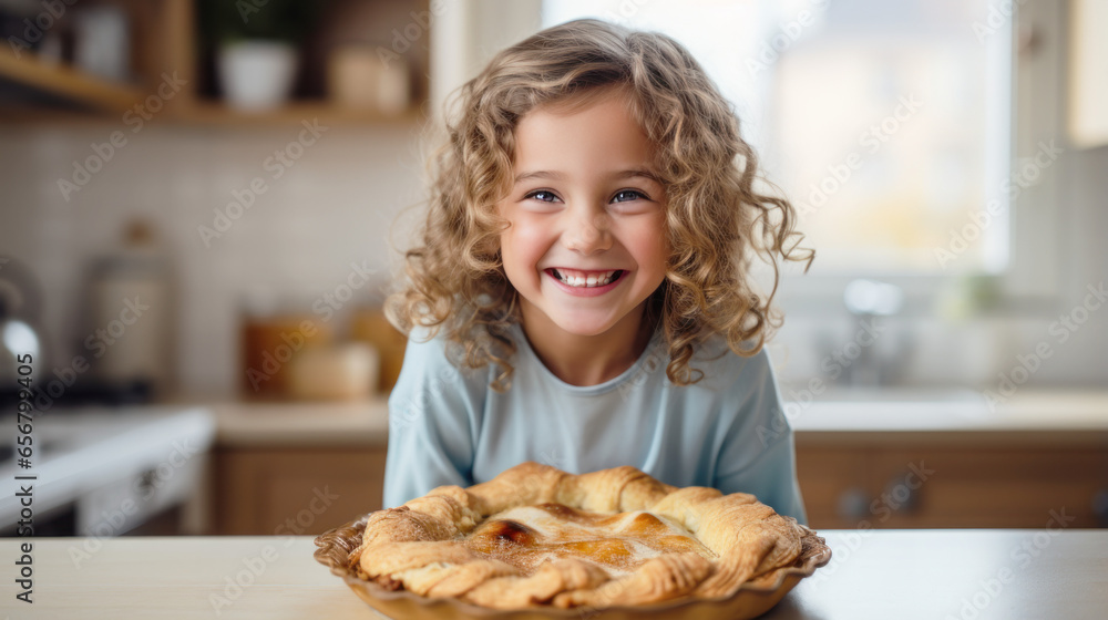 Young Girl Posing Proudly with a Freshly Baked Thanksgiving Holiday Pie in the Kitchen, generative AI, fictional person not based on a real person