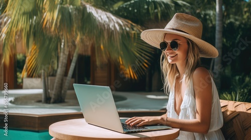 View of a female freelancer with a laptop against a tropical background, browsing tourist information and relaxing in a green park during the day in clear weather. distant work.