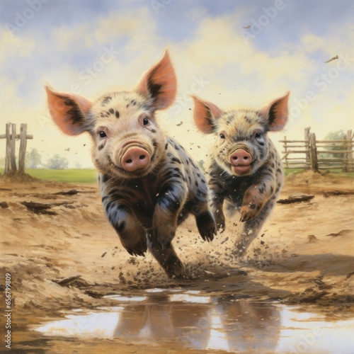 A pair of playful piglets frolicking in a muddy puddle, their joyful squeals echoing through the farm photo