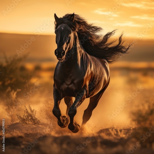 A regal black stallion galloping through an open field at sunrise