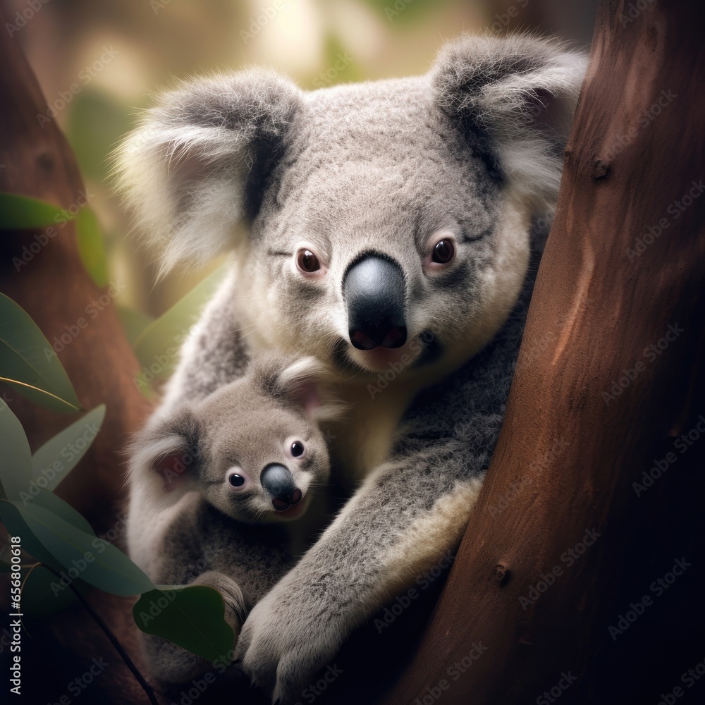 the tender bond between a mother koala and her baby, nestled in the crook of a eucalyptus tree