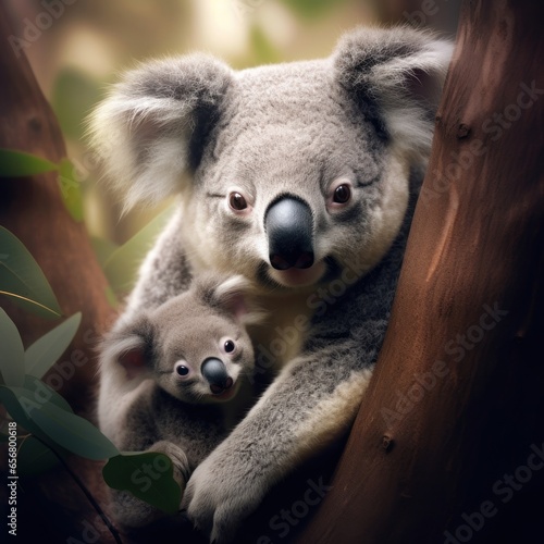 the tender bond between a mother koala and her baby  nestled in the crook of a eucalyptus tree