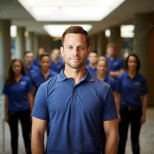 Hombre vestido con una playera azul, con un equipo de trabajo detrás de él, en un edificio corporativo bien iluminado.