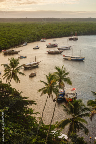 panoramic view of tourists boats on sea channel in Santa Cruz Cabralia, Bahia State, Brazil