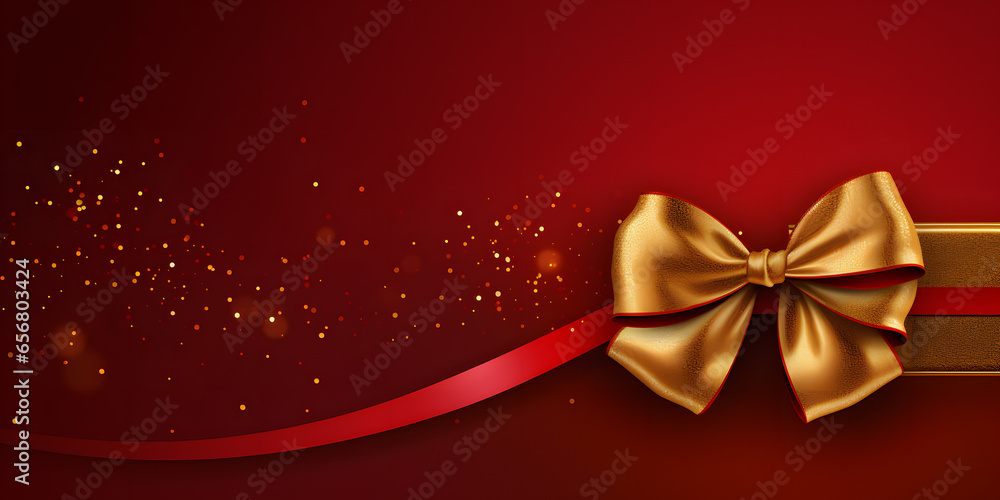 Minimalist red background of glossy and luxurious gold ribbon and glittering particles. Minimalist red background of glossy and luxurious gold ribbon and glittering particles.
