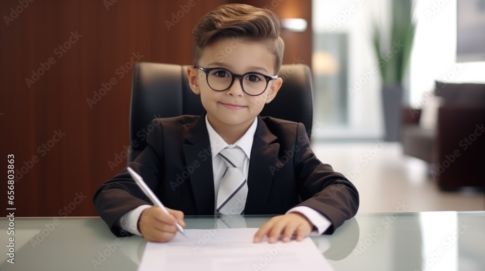 Fototapeta premium A young boy in a suit sitting at a desk with a pen and paper. Generative AI.