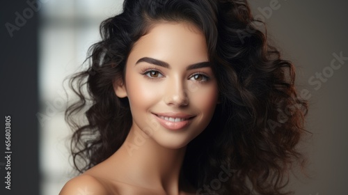 smooth and healthy skin Latin American woman face for cosmetics skincare advertisement commercial.
