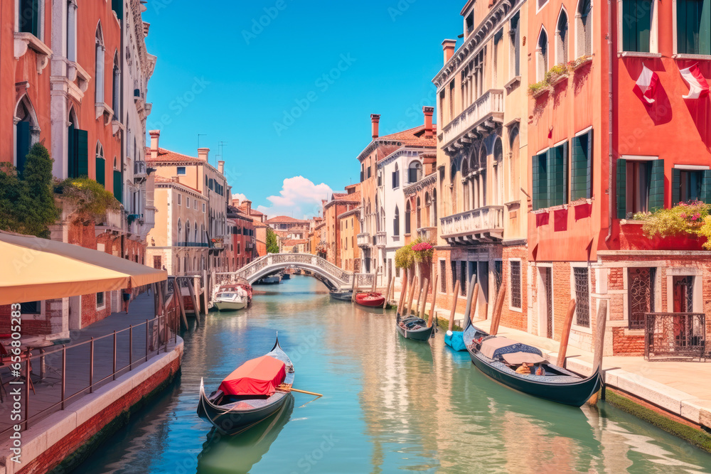 Beautiful Venice canal with gondolas on a sunny day, day trip for sightseeing gorgeous grand canals