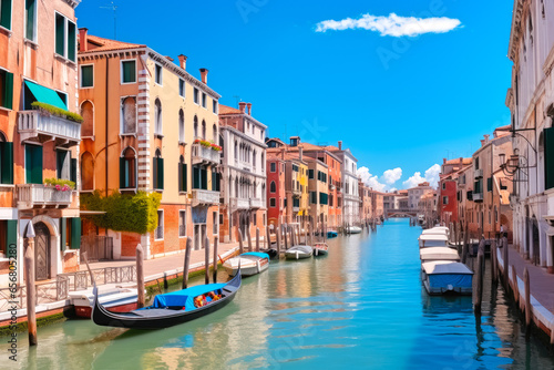 Beautiful Venice canal with gondolas on a sunny day, day trip for sightseeing gorgeous grand canals © MVProductions