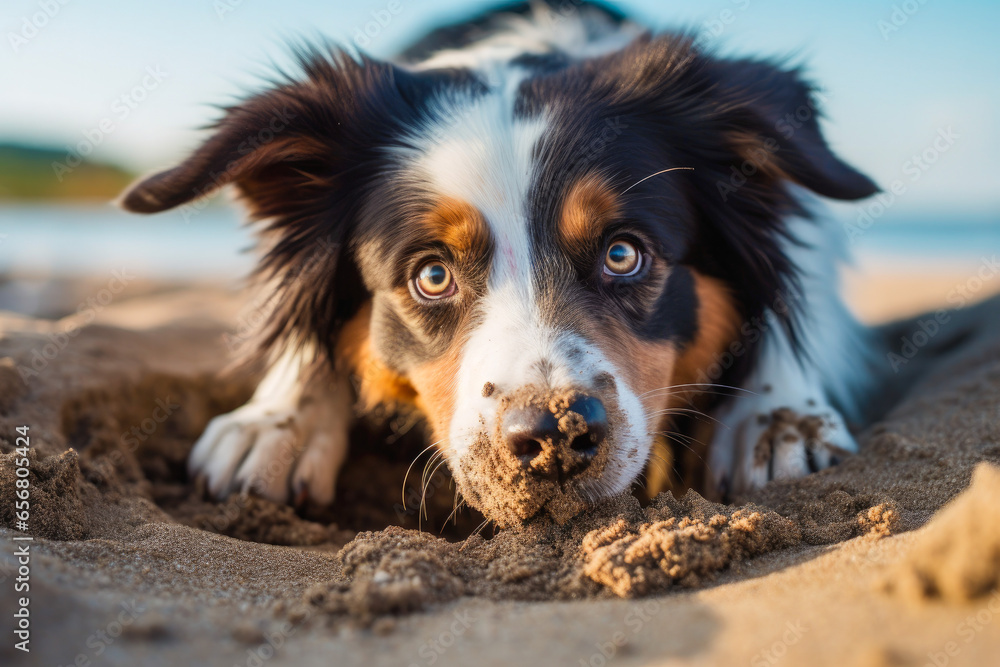 Adorable family dog having time of his life while digging a hole in the beach sand, lively energetic dog having fun at beach