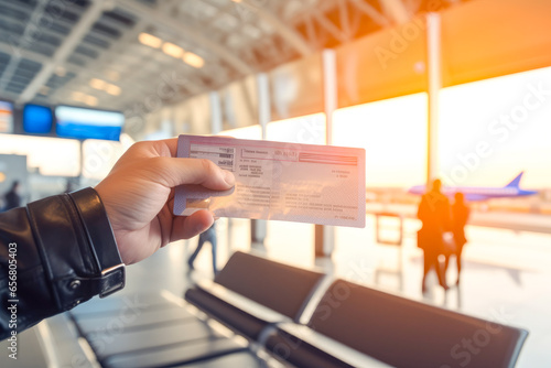 Close up of passenger holding up plane ticket with the airport in the background, concept of travel by air photo