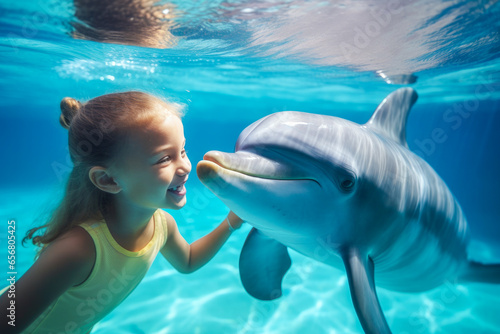 Obraz Adorable little girl swimming with dolphin and petting him on summer holidays with family, tropical animal sightseeing destination