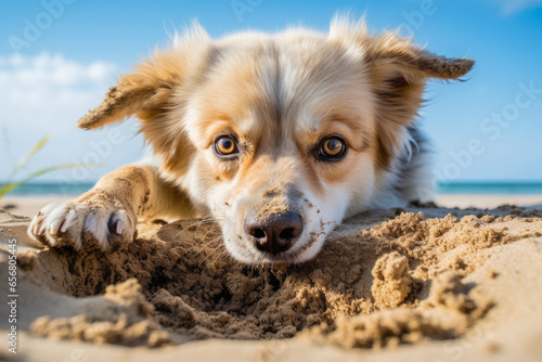 Adorable family dog having time of his life while digging a hole in the beach sand, lively energetic dog having fun at beach