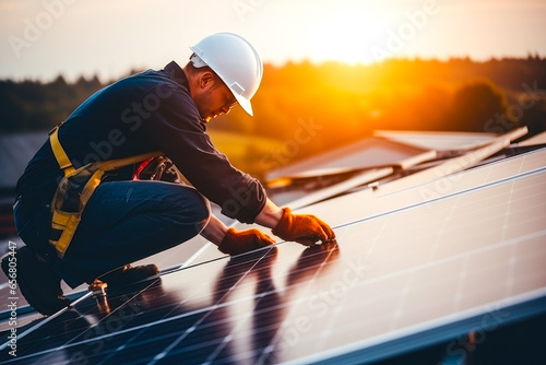 Close up of construction worker installing solar energy panels on a roof top, clean renewable energy source photo