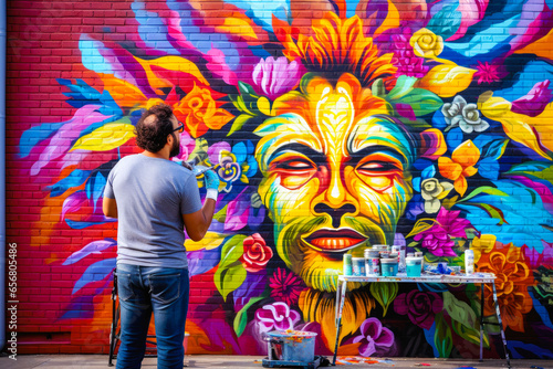 Street artist engaged in painting a vibrant colorful graffiti on street, beautiful artistic painting for nicer neighborhood wall