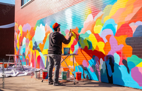 Street artist engaged in painting a vibrant colorful graffiti on street, beautiful artistic painting for nicer neighborhood wall